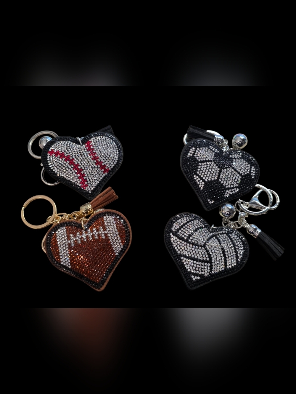 Crystal Heart Sports Bag Charm Keychain Set - Black, Brown, Silver